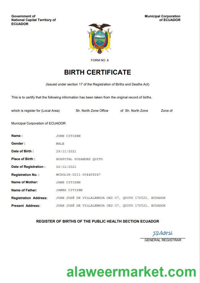 Ecuador vital record birth certificate Word and PDF template